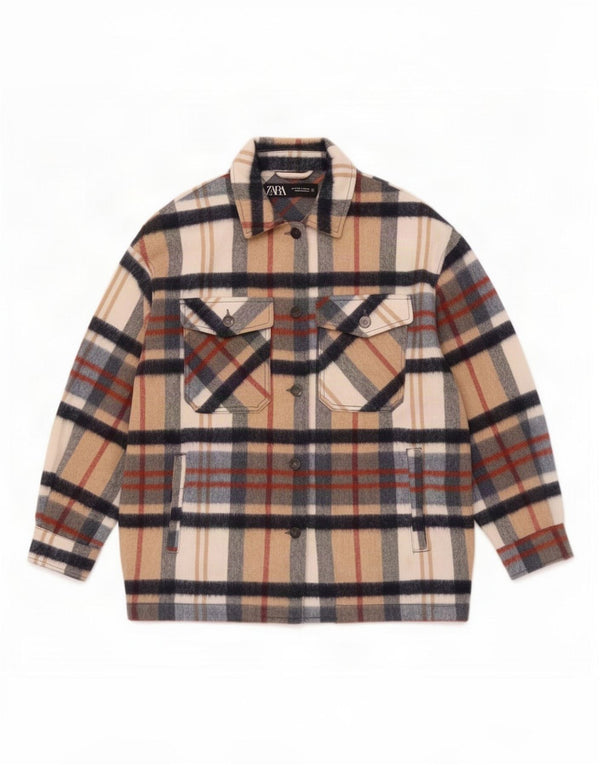 Zara Dame Shacket Oversized Flanell Shirt UK 10 Small Beige Plaid Akryl
