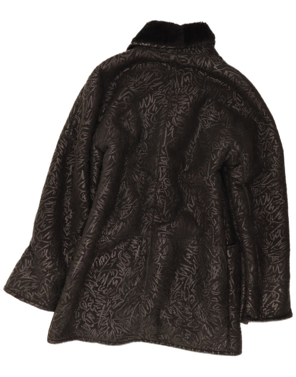 Vintage kvinders abstrakt mønster Shearling Coat UK 14 Medium Black