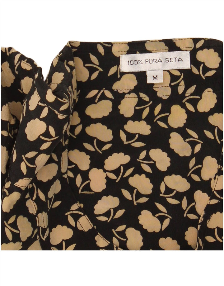 Vintage Womens Crop Bluse Top UK 14 Medium Black Floral Silke