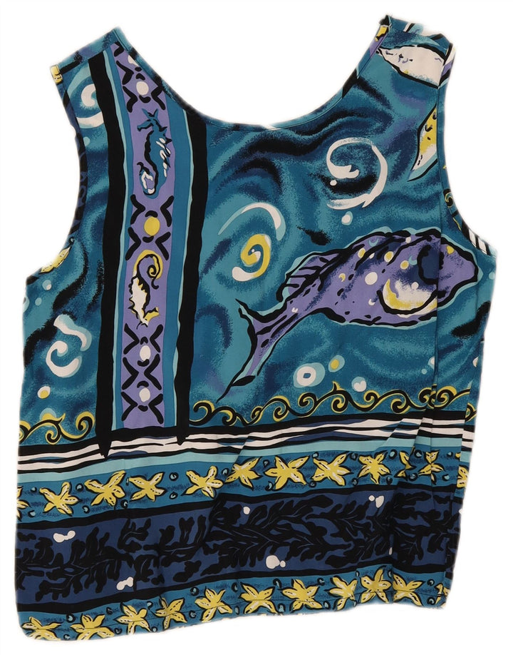 Vintage kvinders beskæring abstrakt mønster bluse Top UK 12 Medium Blue