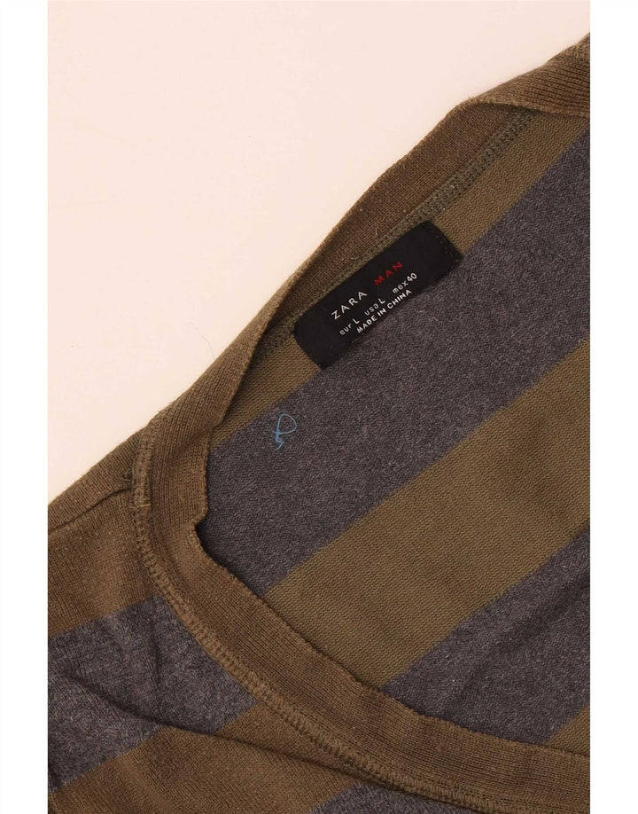 Zara Herre Cardigan Sweater Stor Khaki Stribet