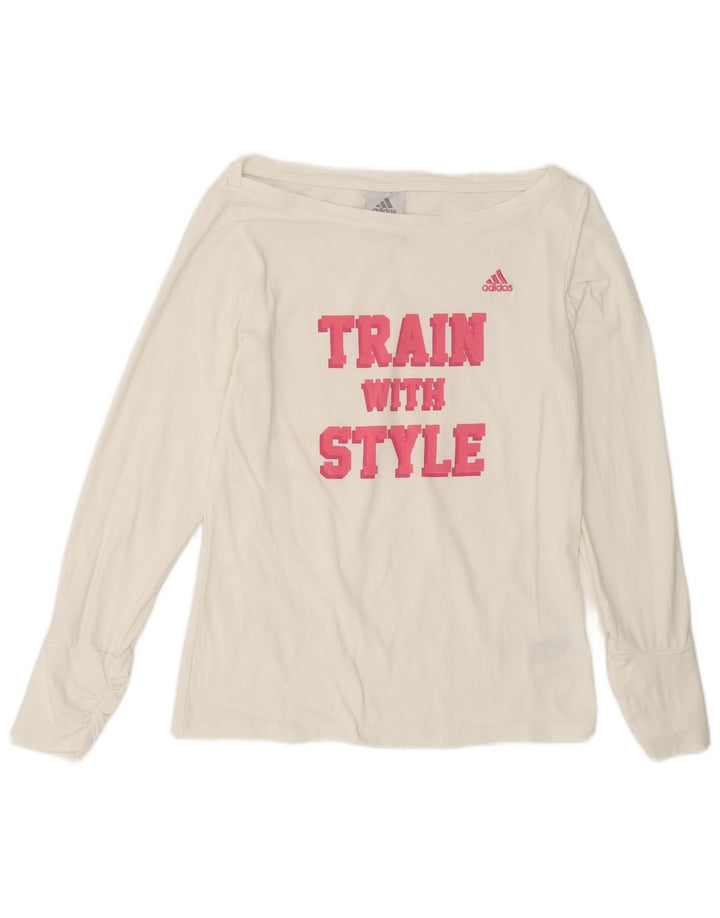 ADIDAS Womens Graphic Top Long Sleeve UK 10 Small White Cotton