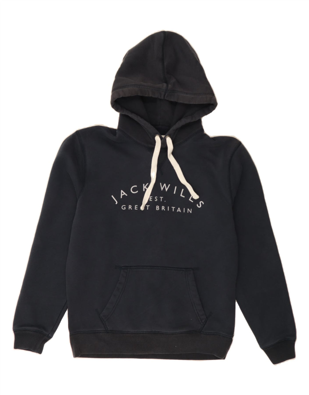 JACK WILLS Mens Graphic Hoodie Jumper Medium Navy Blue Cotton Vintage Jack Wills and Second-Hand Jack Wills from Messina Hembry 