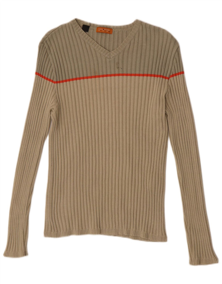 Zara Herre V-hals sweater Medium Beige Colourblock Bomuld