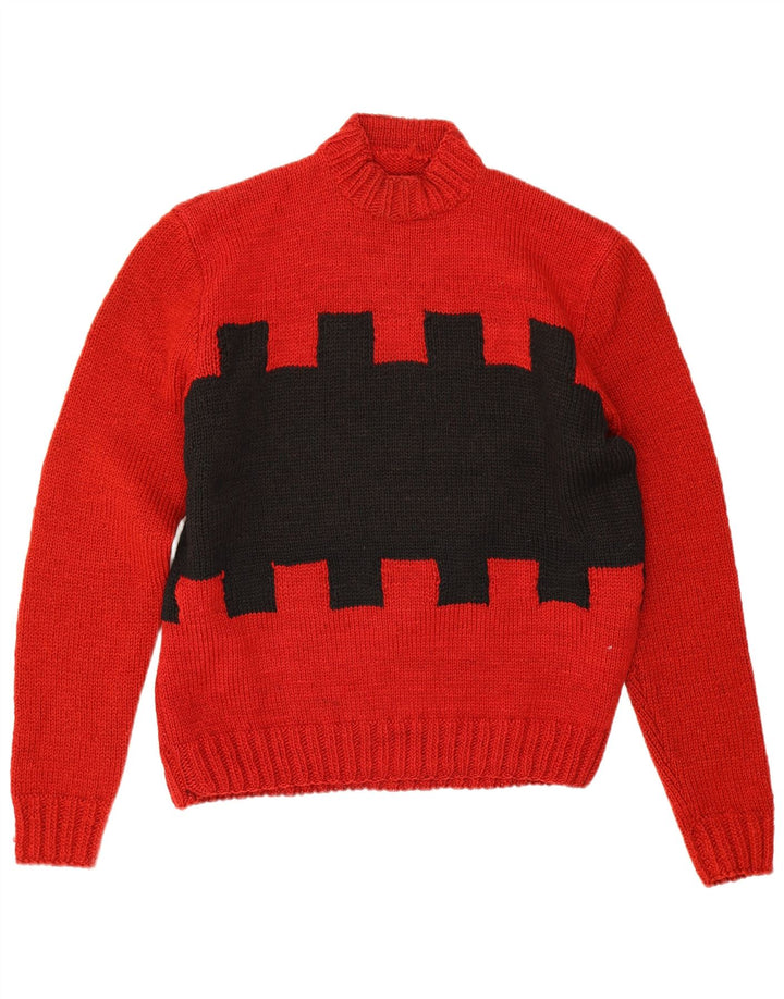 Vintage Herre Turtle Neck Jumper Sweater Stor Rød Geometrisk
