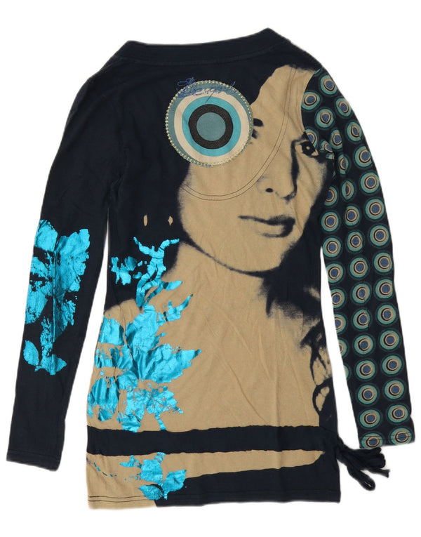 Desigual Dame Grafisk Top Langærmet UK 6 XS Marineblå Geometrisk Bomuld