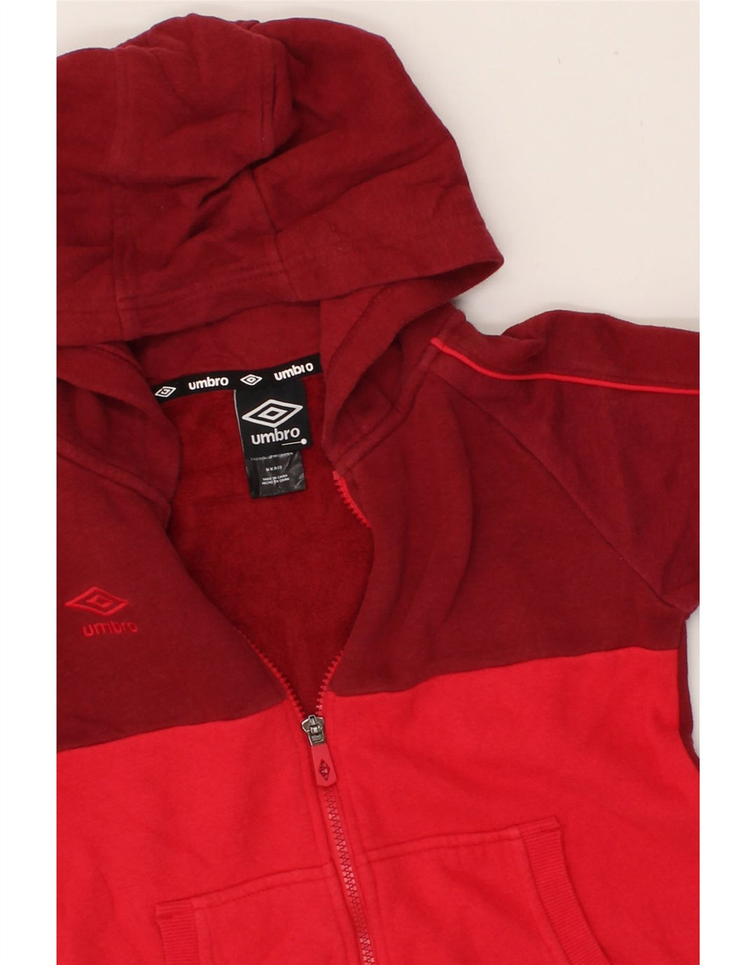 UMBRO Boys Zip Hoodie Sweater 8-9 Years Medium  Red Colourblock Cotton Vintage Umbro and Second-Hand Umbro from Messina Hembry 