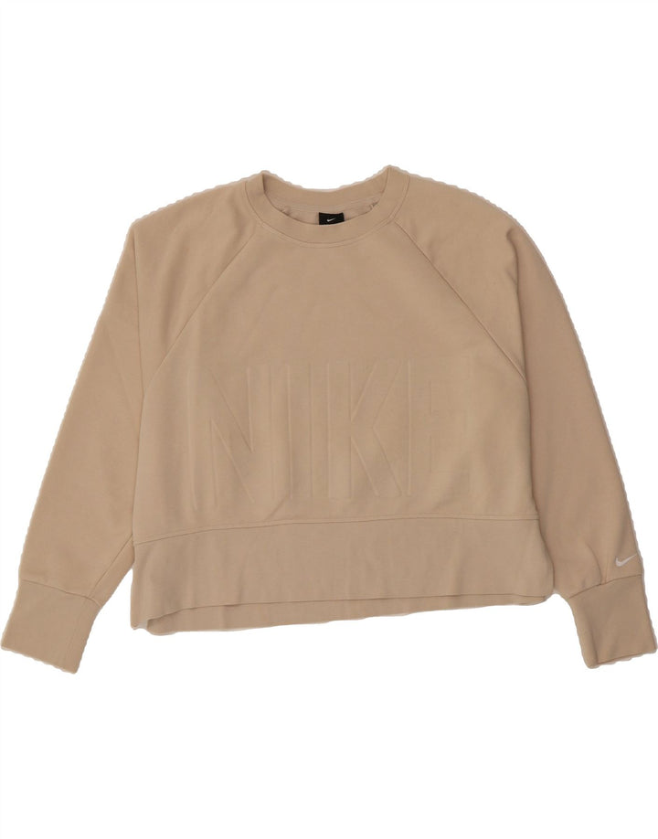 NIKE Womens Oversized Graphic Crop Sweatshirt Jumper UK 14 Medium Beige Vintage Nike and Second-Hand Nike from Messina Hembry 