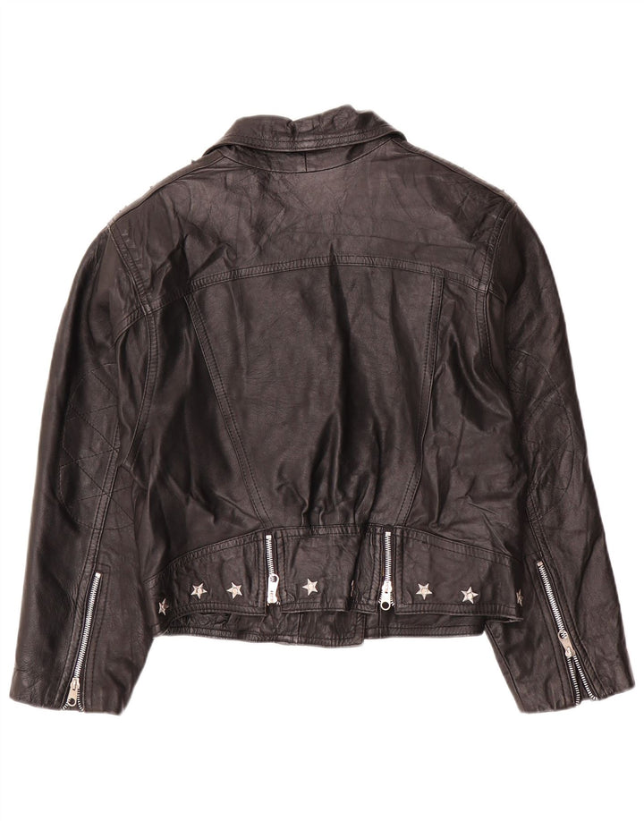 Vintage kvinders crop læder bikerjakke UK 12 medium sort læder