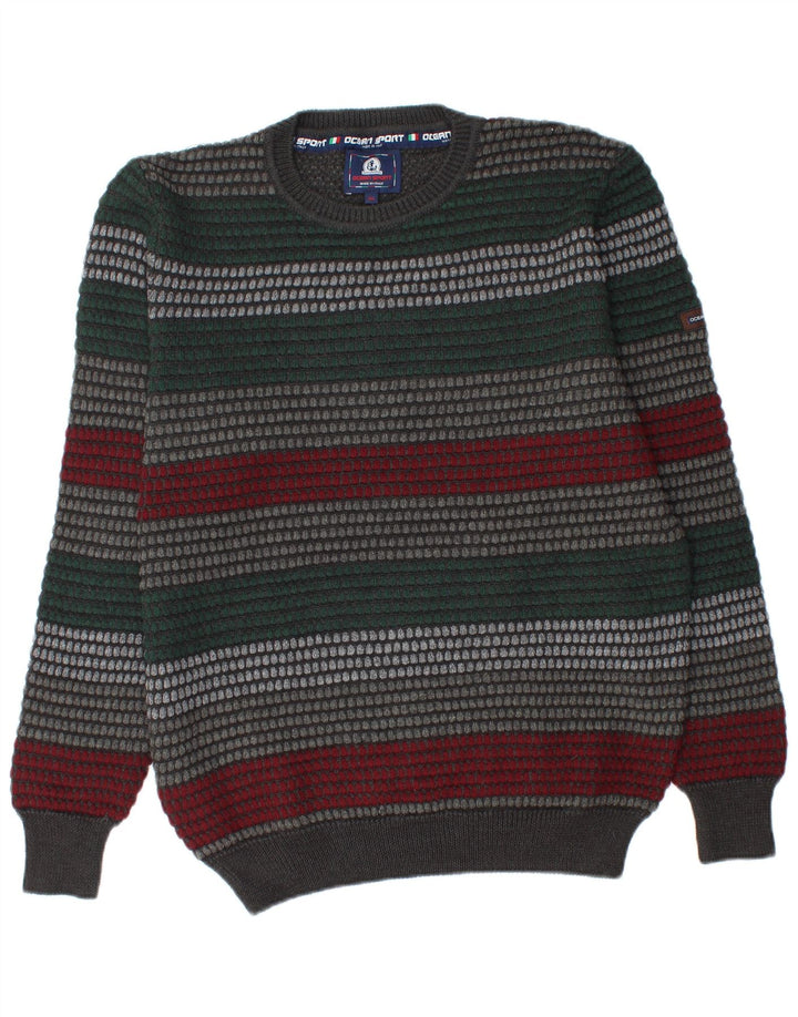 Vintage herre rund hals sweater 2XL flerfarvet stribet akryl