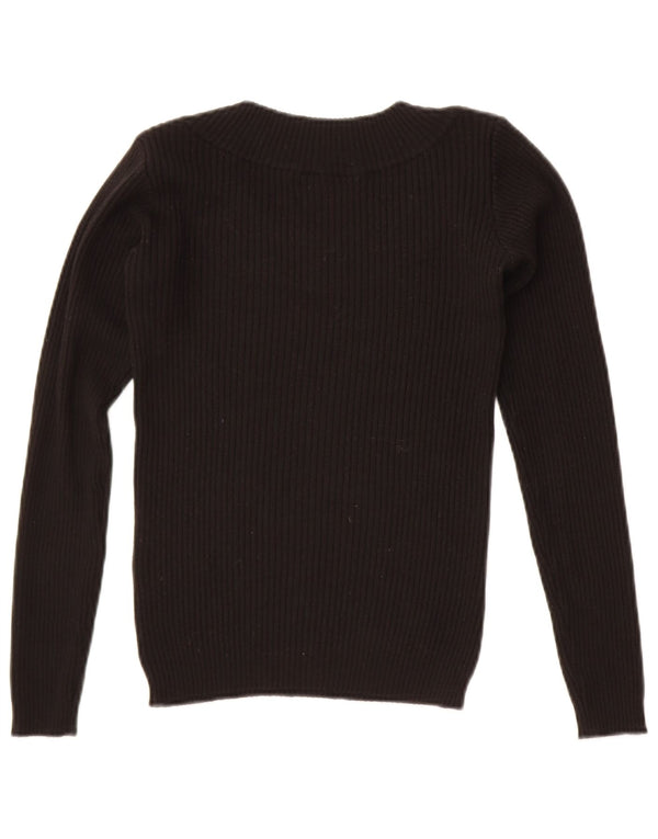 Vintage Womens Crop Boat Neck Jumper Sweater UK 10 Small Black Wool