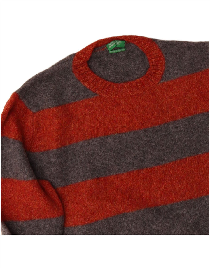 BENETTON Herre sweater med rund hals, lille orange stribet jomfruuld