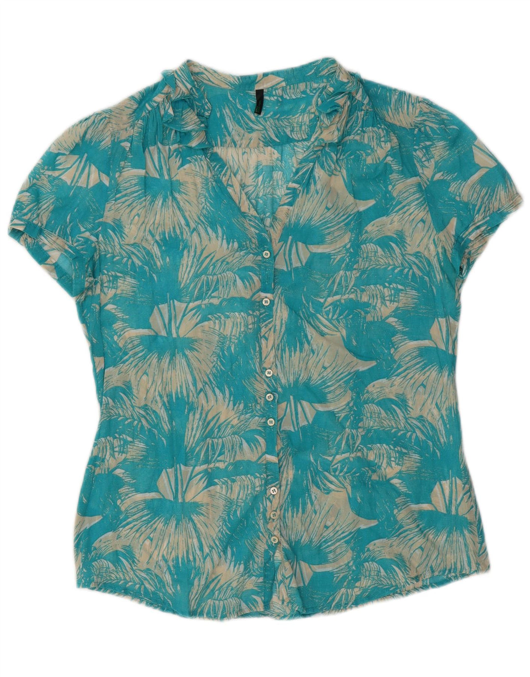 BENETTON Kortærmet skjortebluse til kvinder UK 14 Medium Blue Floral