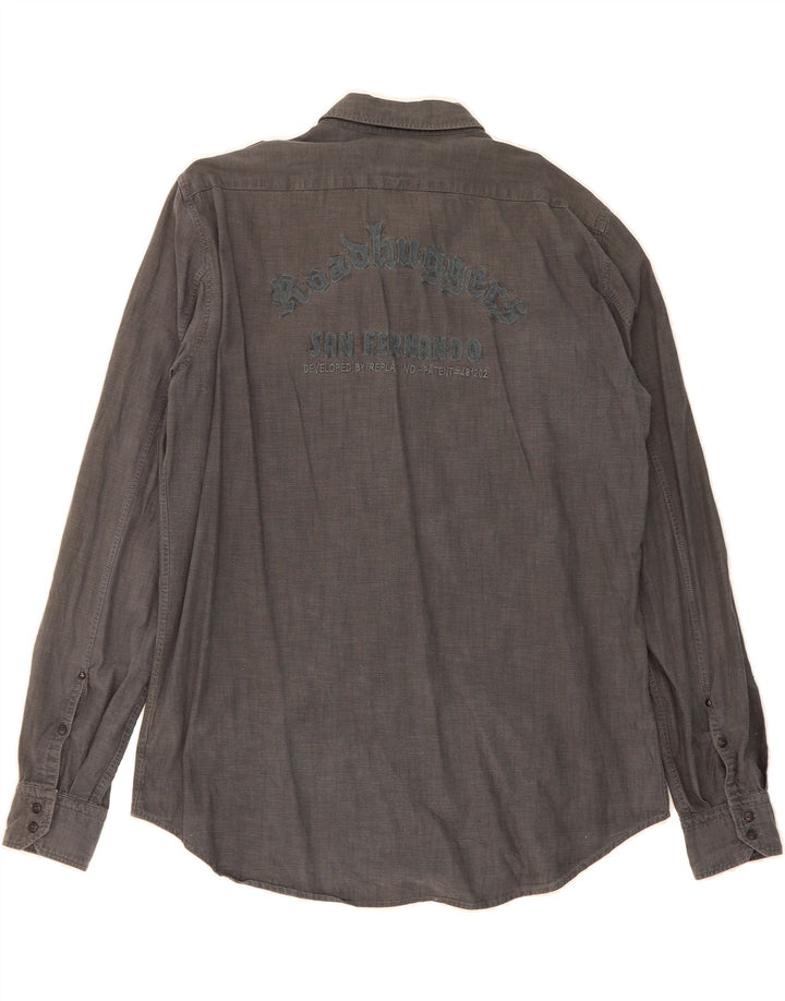 REPLAY Mens Graphic Military Shirt 2XL Grey Vintage Replay and Second-Hand Replay from Messina Hembry 