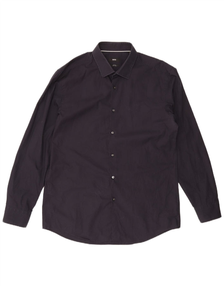 HUGO BOSS Herre Slim Fit skjorte str. 44 17 1/2 XL Marineblå Bomuld