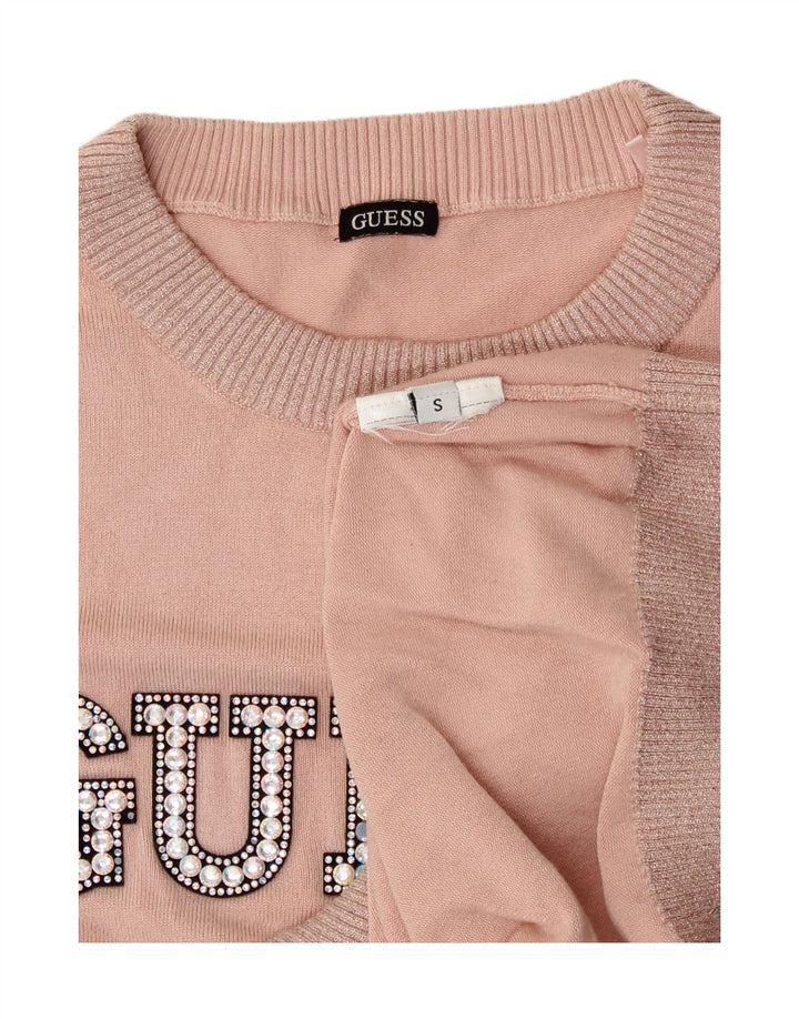 GUESS Womens Graphic Crew Neck Jumper Sweater UK 10 Small Pink