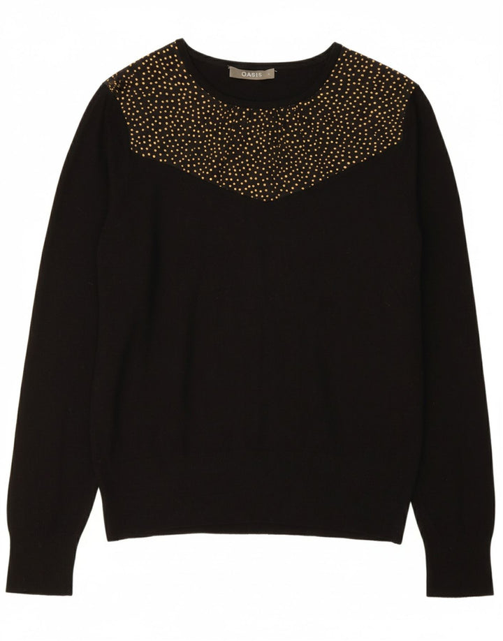 OASIS Womens Crew Neck Jumper Sweater UK 16 Large Black Spotted Viscose