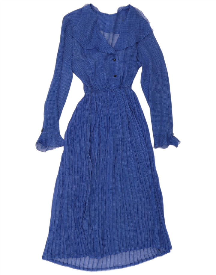 Vintage Dame Langærmet Maxikjole UK 12 Medium Blue Spotted