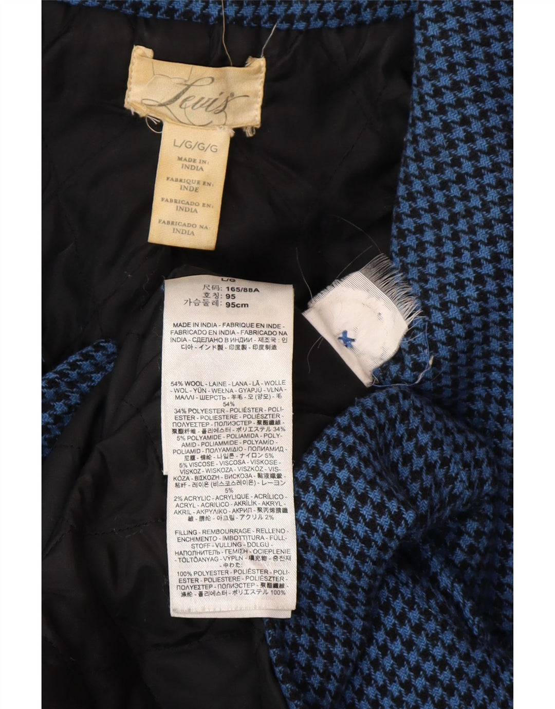 LEVI'S Dame Dobbeltradet Frakke UK 16 Large Blue Houndstooth Uld