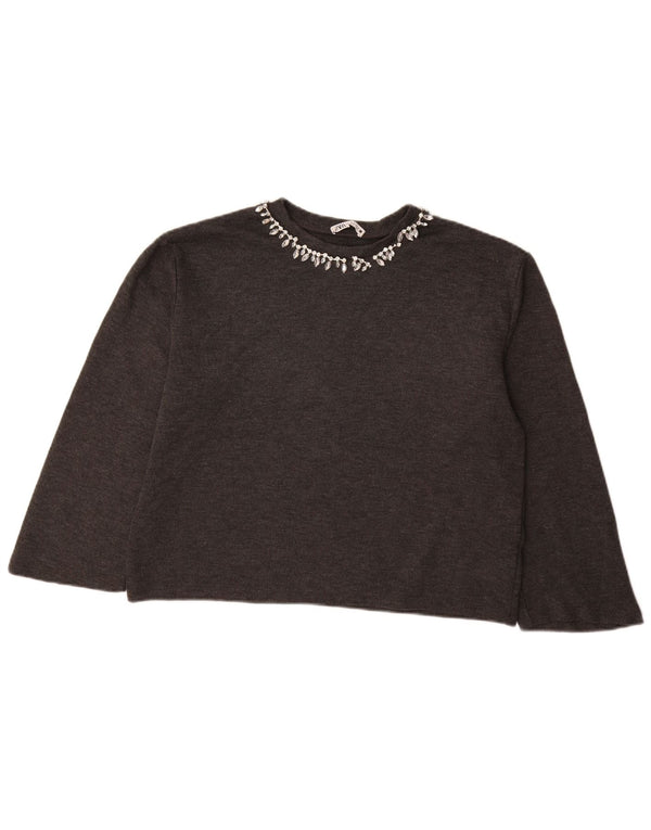 ZARA Womens Crop 3/4-ærmet bådhalstrøje trøje UK 14 mellemgrå