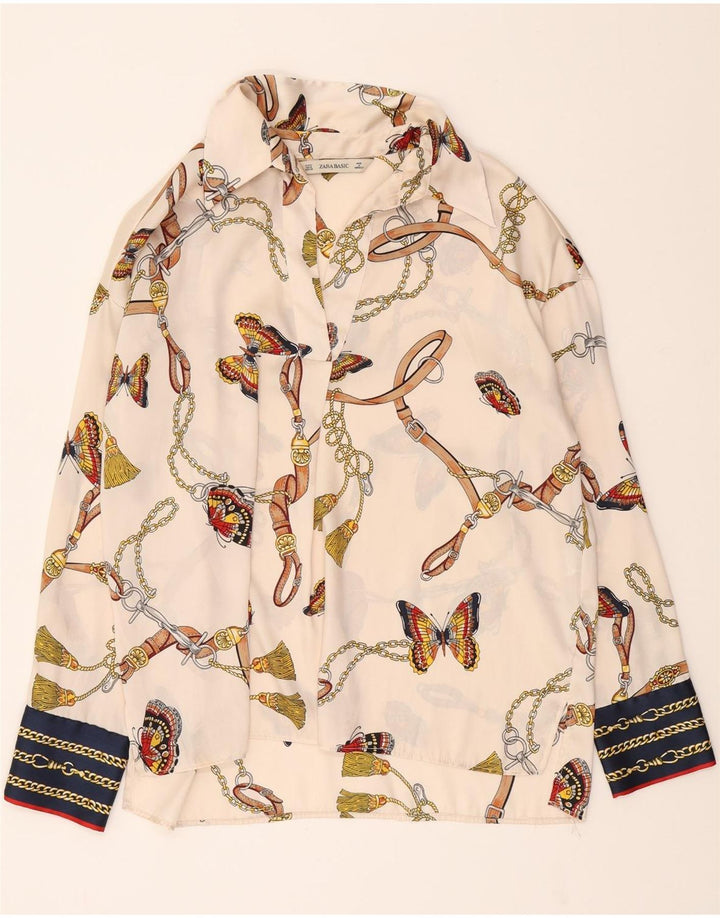 ZARA Womens Graphic Long Sleeve Blouse Top UK 14 Medium Beige Polyester Vintage Zara and Second-Hand Zara from Messina Hembry 
