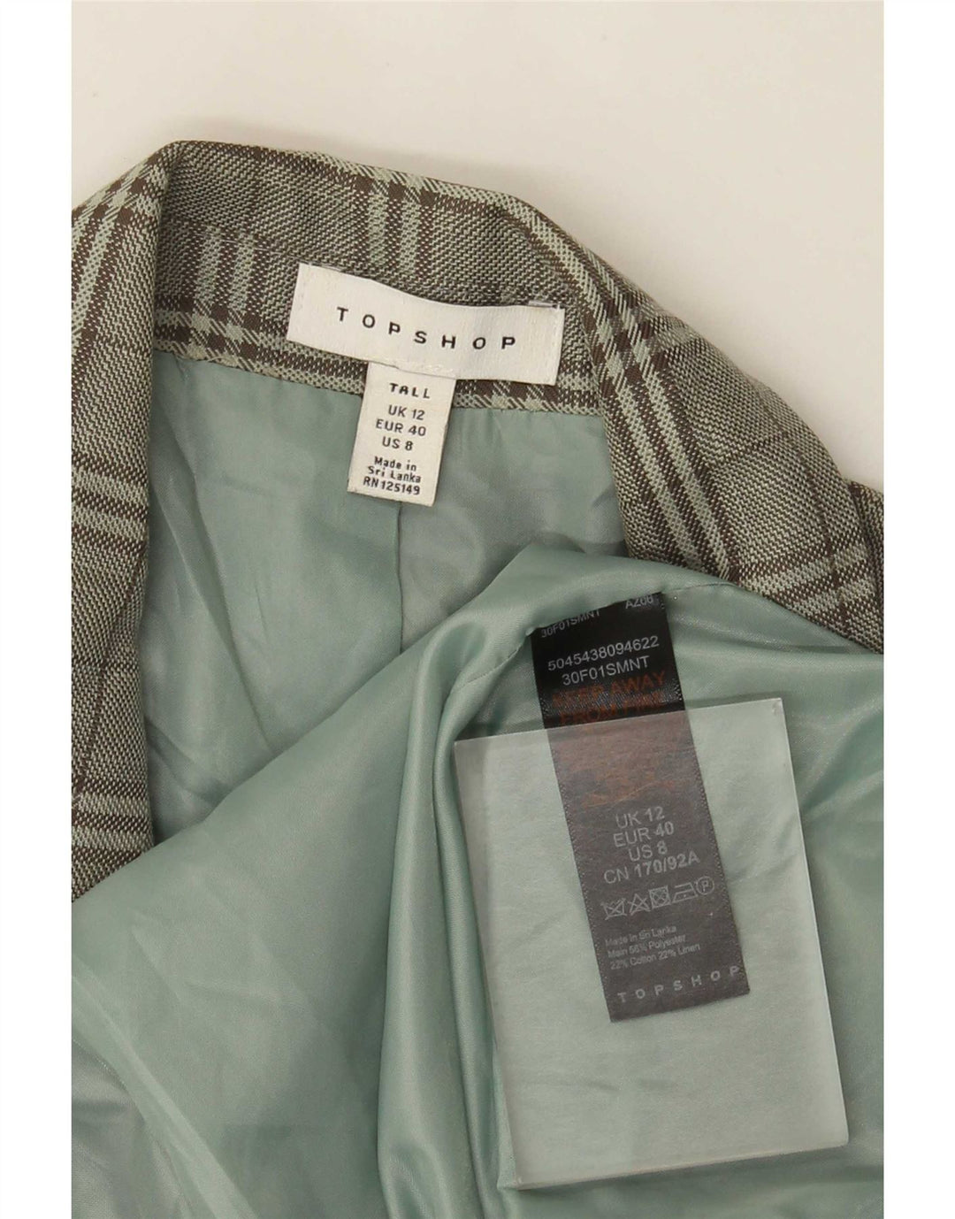 Topshop Dame Høj Dobbeltradet Blazer Jacket UK 12 Medium Green Check