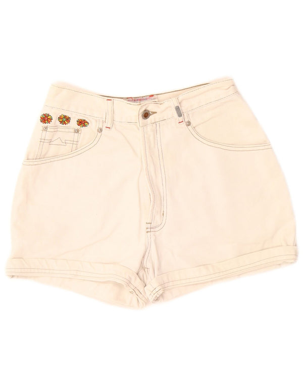 Vintage kvinders grafiske denimshorts W30 Medium Off White Blomsterbomuld