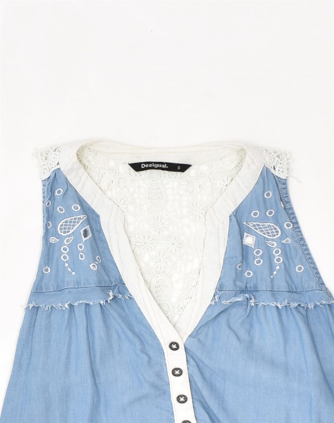 DESIGUAL Womens Sleeveless A-Line Dress UK 8 Small Blue Patchwork | Vintage Desigual | Thrift | Second-Hand Desigual | Used Clothing | Messina Hembry 