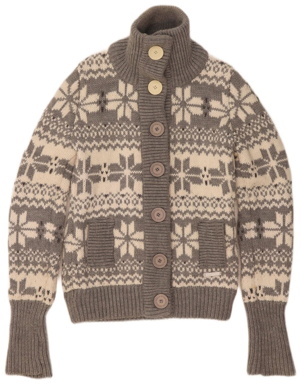 Superdry Dame Cardigan Sweater UK 14 Medium Grey Fair Isle Akryl