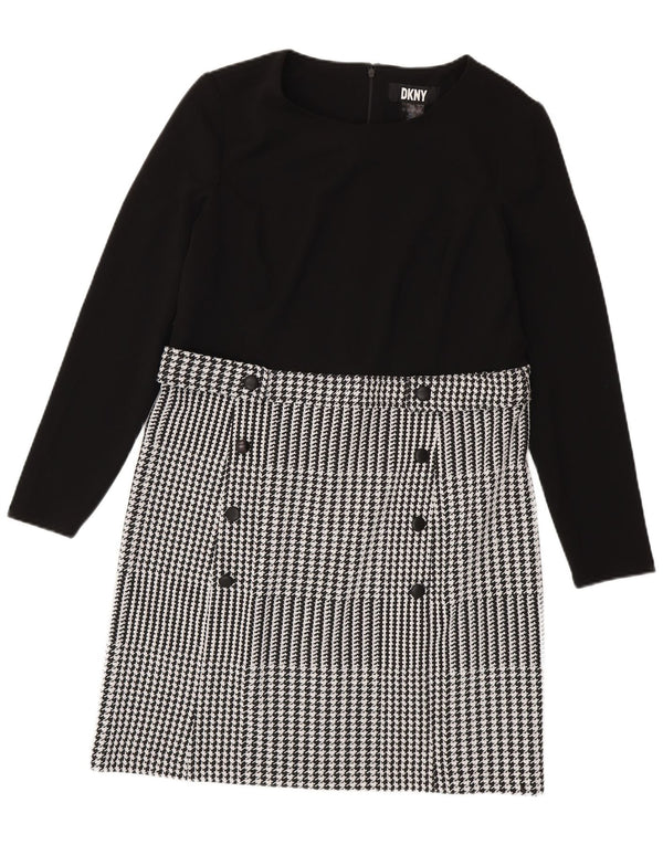 Dkny Dame Langærmet Skede Kjole US 14 XL Sort Houndstooth Classic