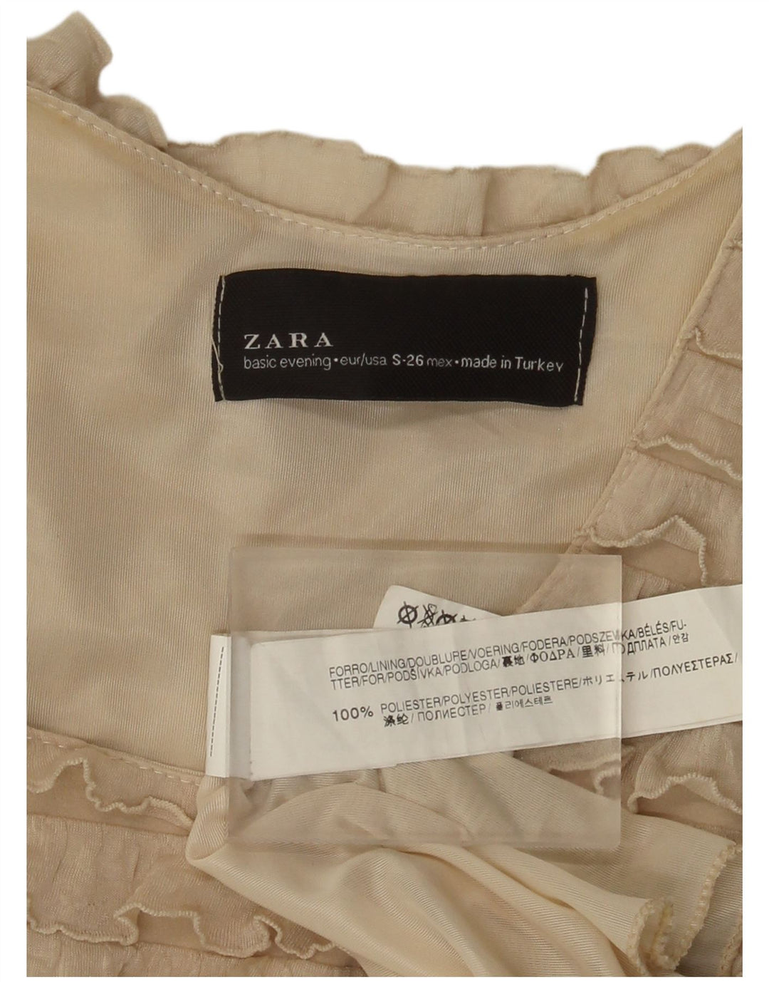 Zara Dame Ærmeløs Tiered Dress UK 8 Small Beige Polyester
