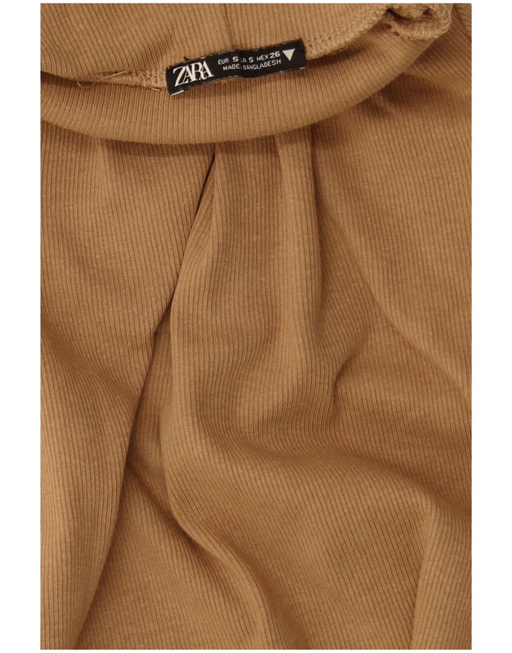 Zara Dame Roll Neck Crop Top UK 8 Lille brun bomuld