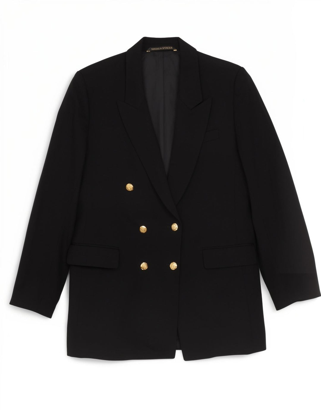 Marks & Spencer Dame Dobbeltradet Blazer Jakke Størrelse 14 Sort New Wool