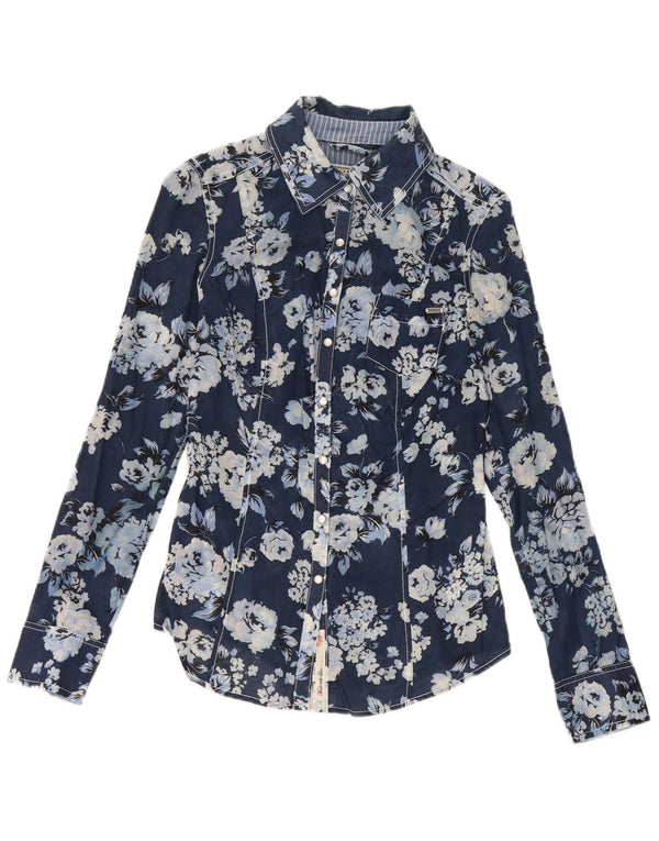 Guess Womens Shirt UK 10 Small Navy Blue Floral Cotton