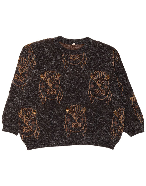 VINTAGE grafisk sweater med rund hals til kvinder UK 18 XL Sort Flecked