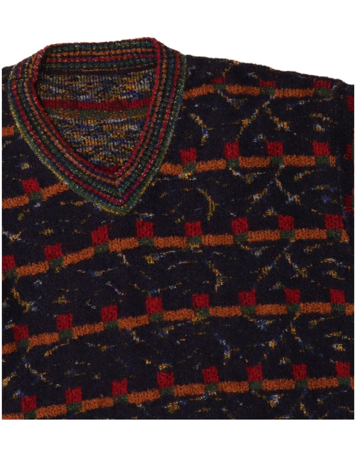 VINTAGE Herre V-hals sweater XL marineblå geometrisk uld