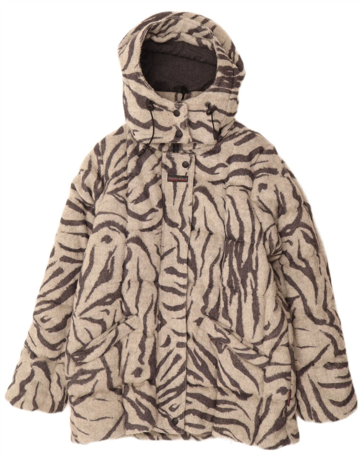 Luhta Dame Hætte Polstret Frakke UK 12 Medium Grey Animal Print Uld