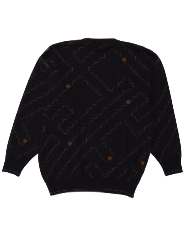 Pierre Sangan Herre V-hals sweater Stor Marineblå Geometrisk Ny Uld