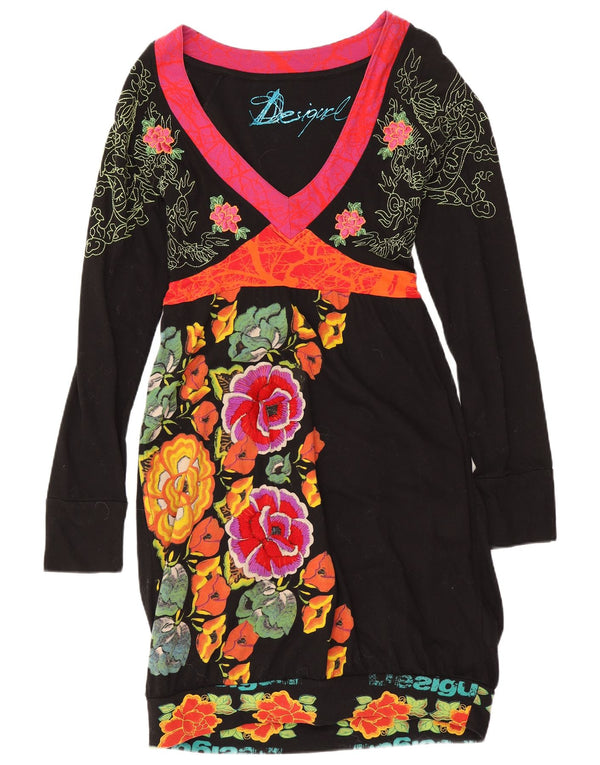 Desigual Kvinders Grafisk Langærmet Skede Kjole UK 12 Medium Black Floral