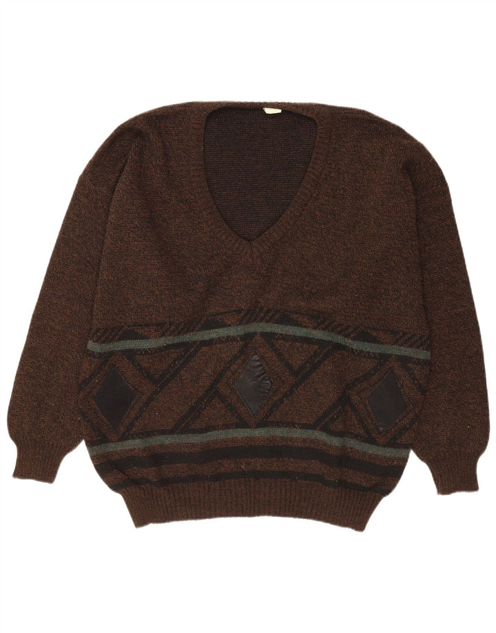 VINTAGE Herre V-hals sweater Stor Brun Argyle/Diamant