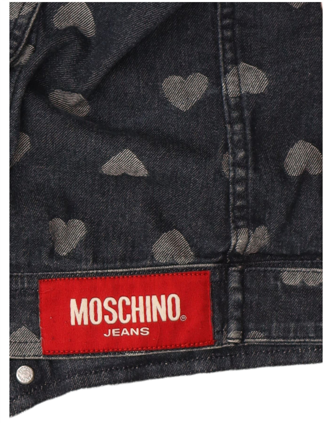 Moschino Damemønstret denimjakke UK 12 Mellem marineblåt bomuldshjerte