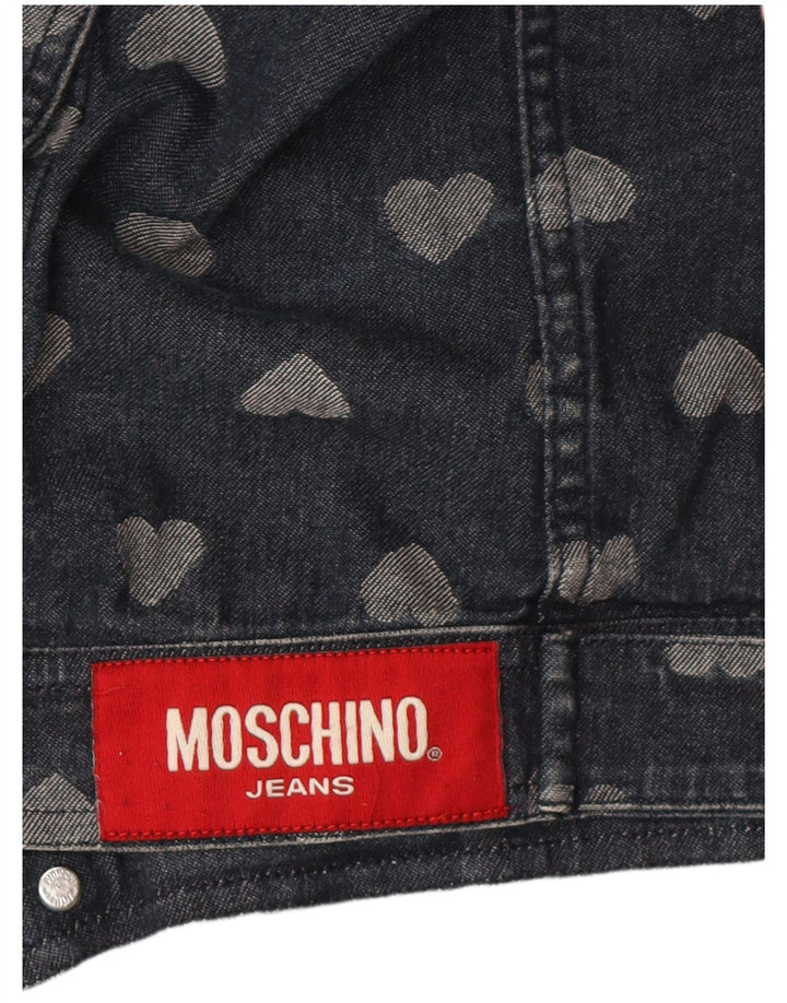 Moschino Damemønstret denimjakke UK 12 Mellem marineblåt bomuldshjerte