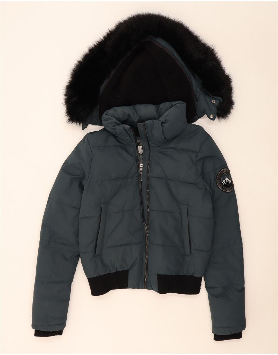 Superdry Bomber Polstret jakke med hætte til kvinder UK 14 Medium Blue Colourblock