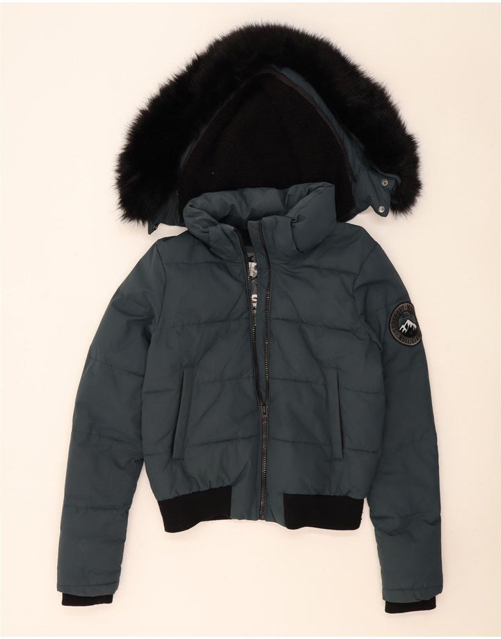 Superdry Bomber Polstret jakke med hætte til kvinder UK 14 Medium Blue Colourblock