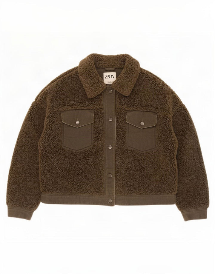 Zara Womens Crop Sherpa Jacket UK 14 Large Khaki Polyester