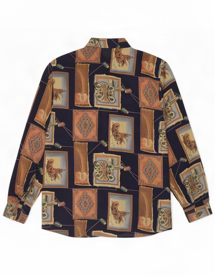 Vintage dameskjortebluse UK 16 Large Navy Blue Patchwork Polyester