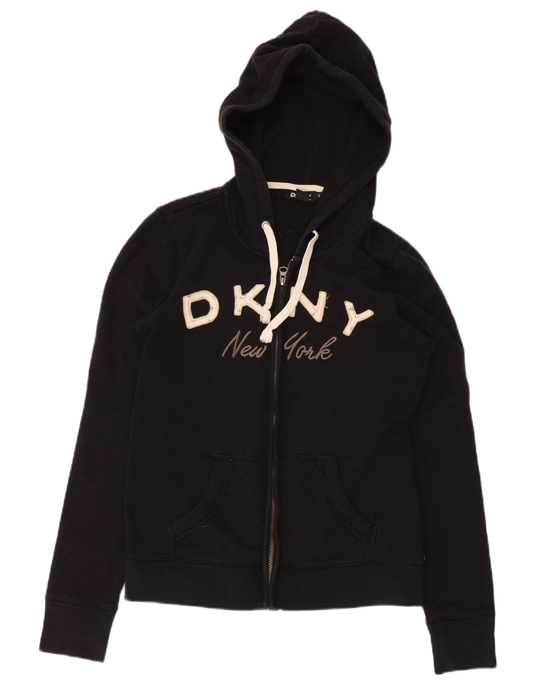 Dkny Dame New York Grafisk Hættetrøje Sweater med lynlås UK 10 Small Black Bomuld