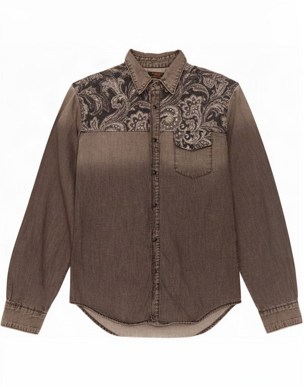 Zara Mens Slim Fit Denim Shirt Medium Grey Paisley Cotton