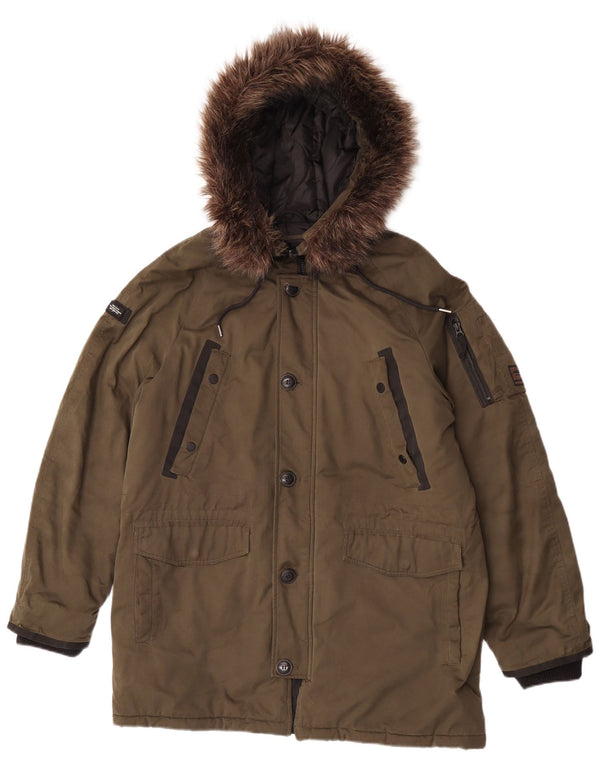 Superdry Mens Hooded Parka Jacket UK 40 Large Khaki Polyester