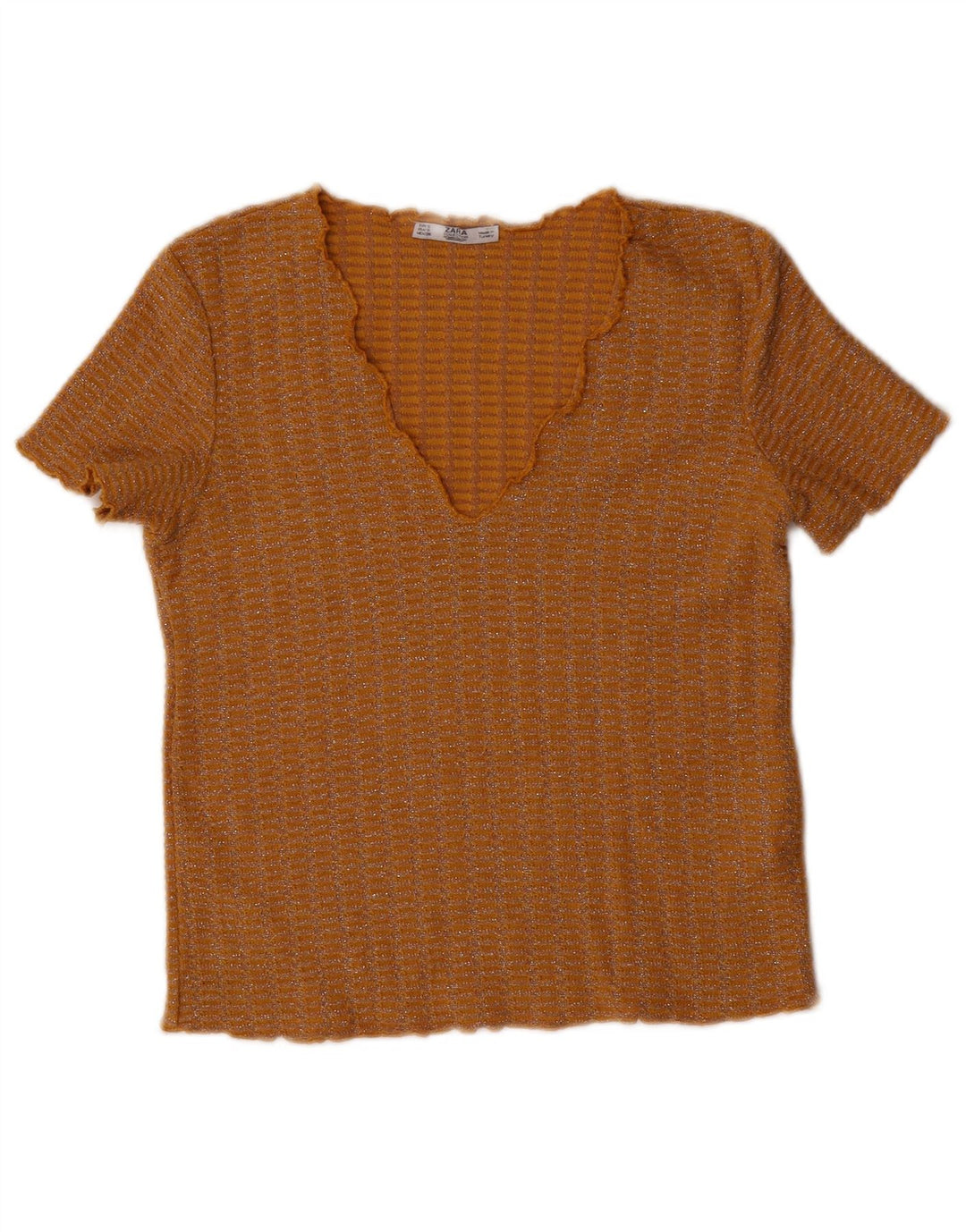 ZARA Womens Crop V-Neck Jumper Sweater UK 10 Small Brown Flecked Polyester